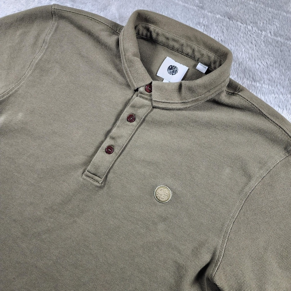 Pretty Green Polo Shirt Mens Medium Green Long Sleeve Cotton Logo Patch Portugal